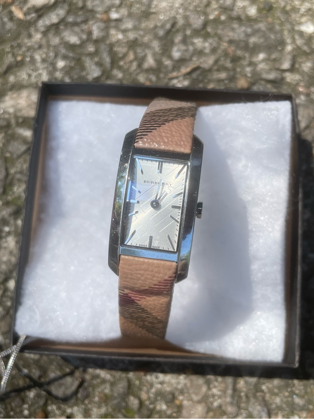 Burberry Tan Check Leather Strap Rectangular Silver-Tone Watch